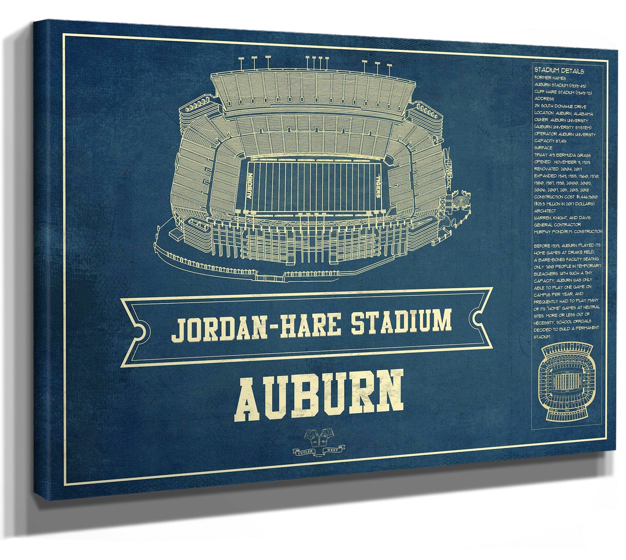 Auburn Tigers - Jordan-Hare Vintage Stadium Blueprint Art Print