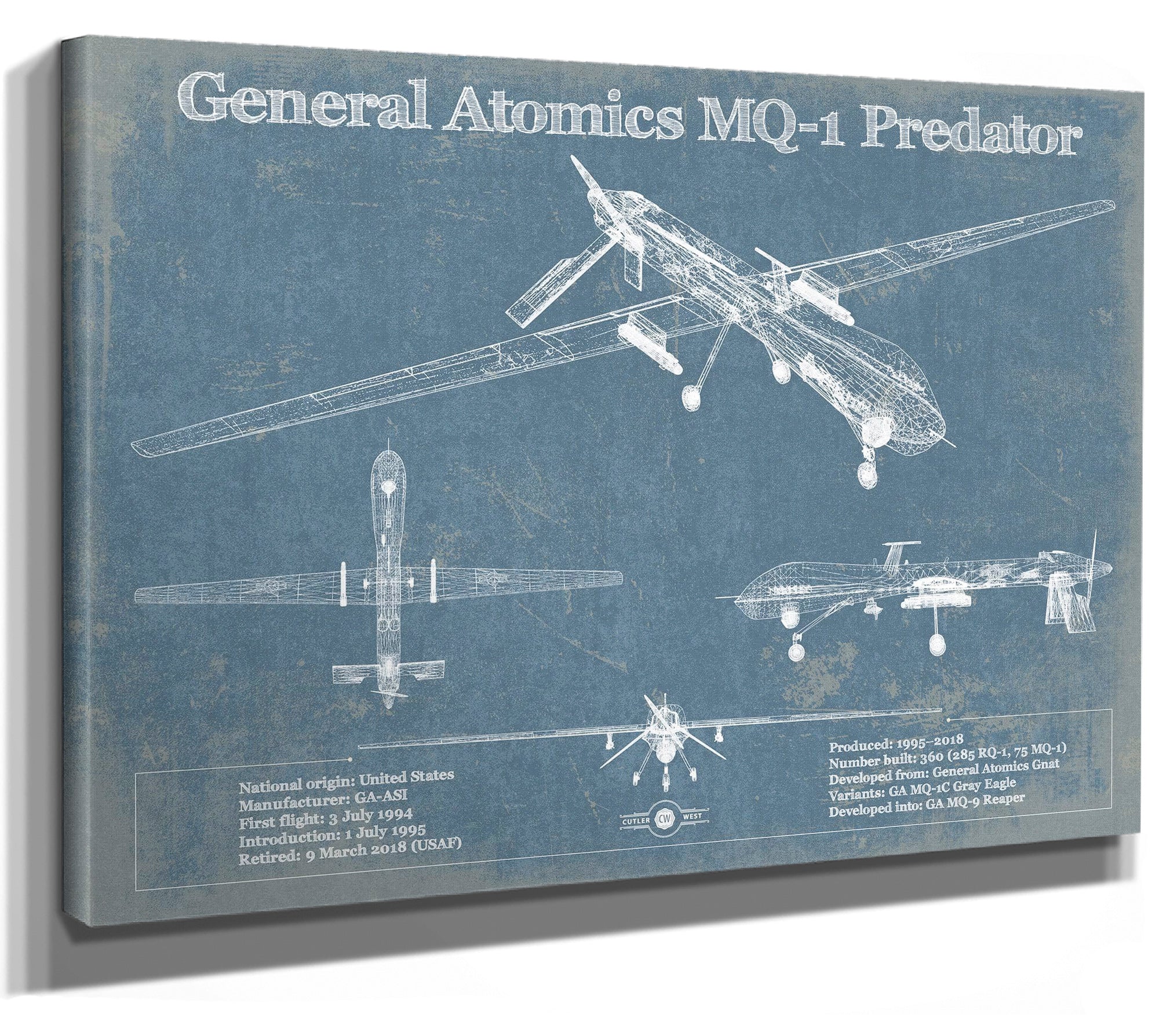 General Atomics MQ-1 Predator Vintage UAV Blueprint Military Print