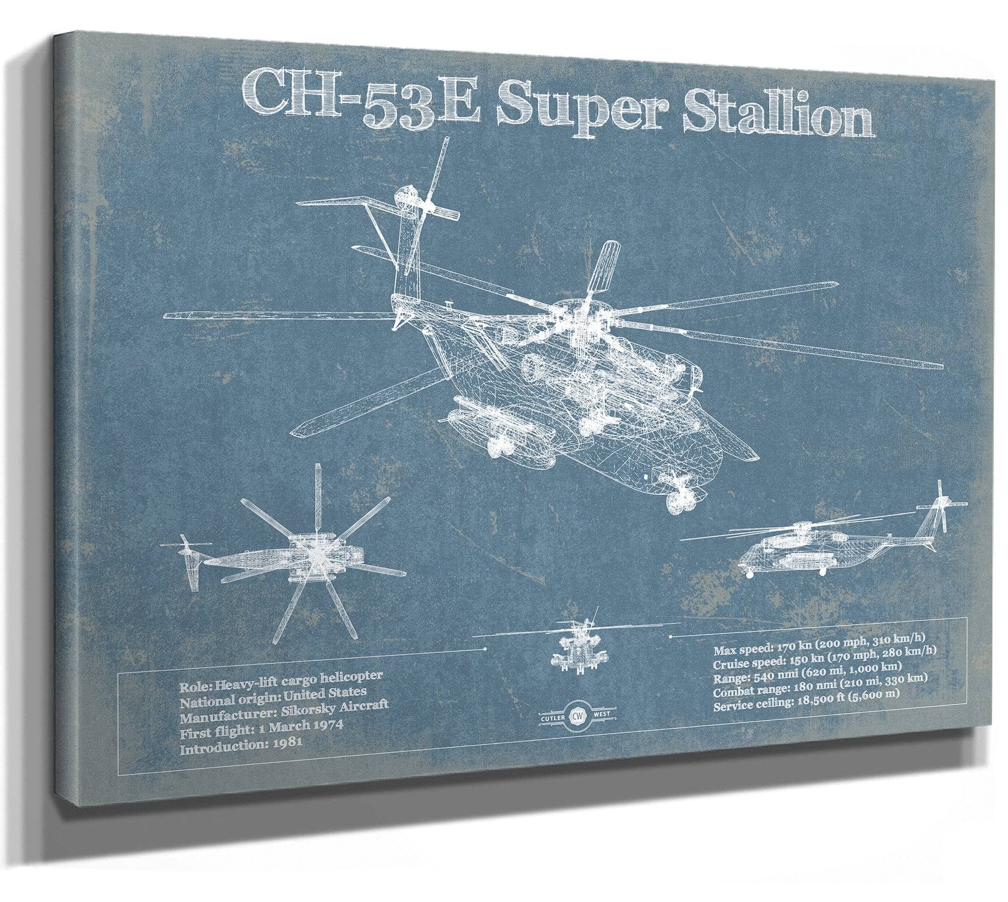 Sikorsky CH-53E Super Stallion Vintage Aviation Blueprint Military Print