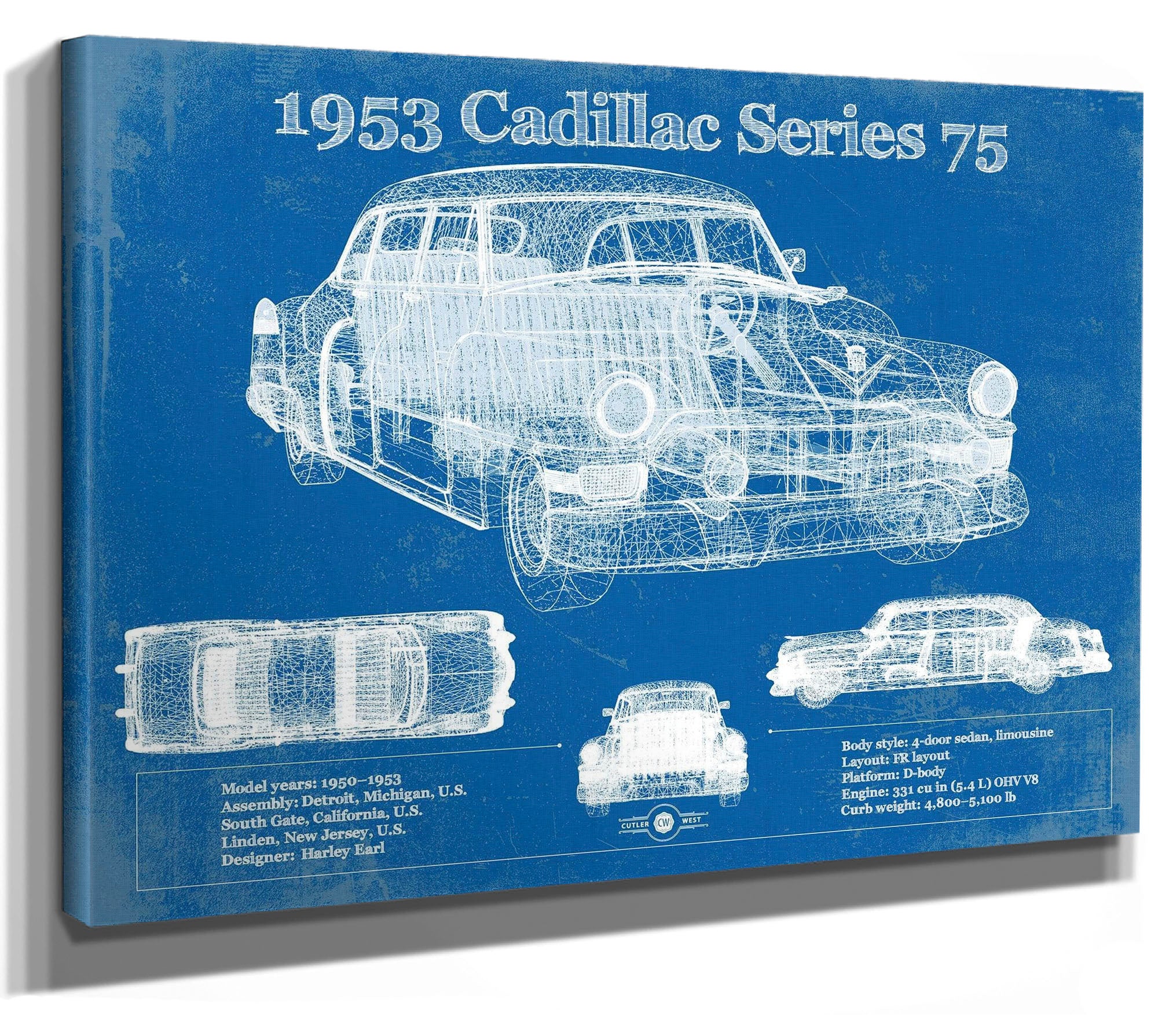 1953 Cadillac Series 75 Vintage Blueprint Auto Print