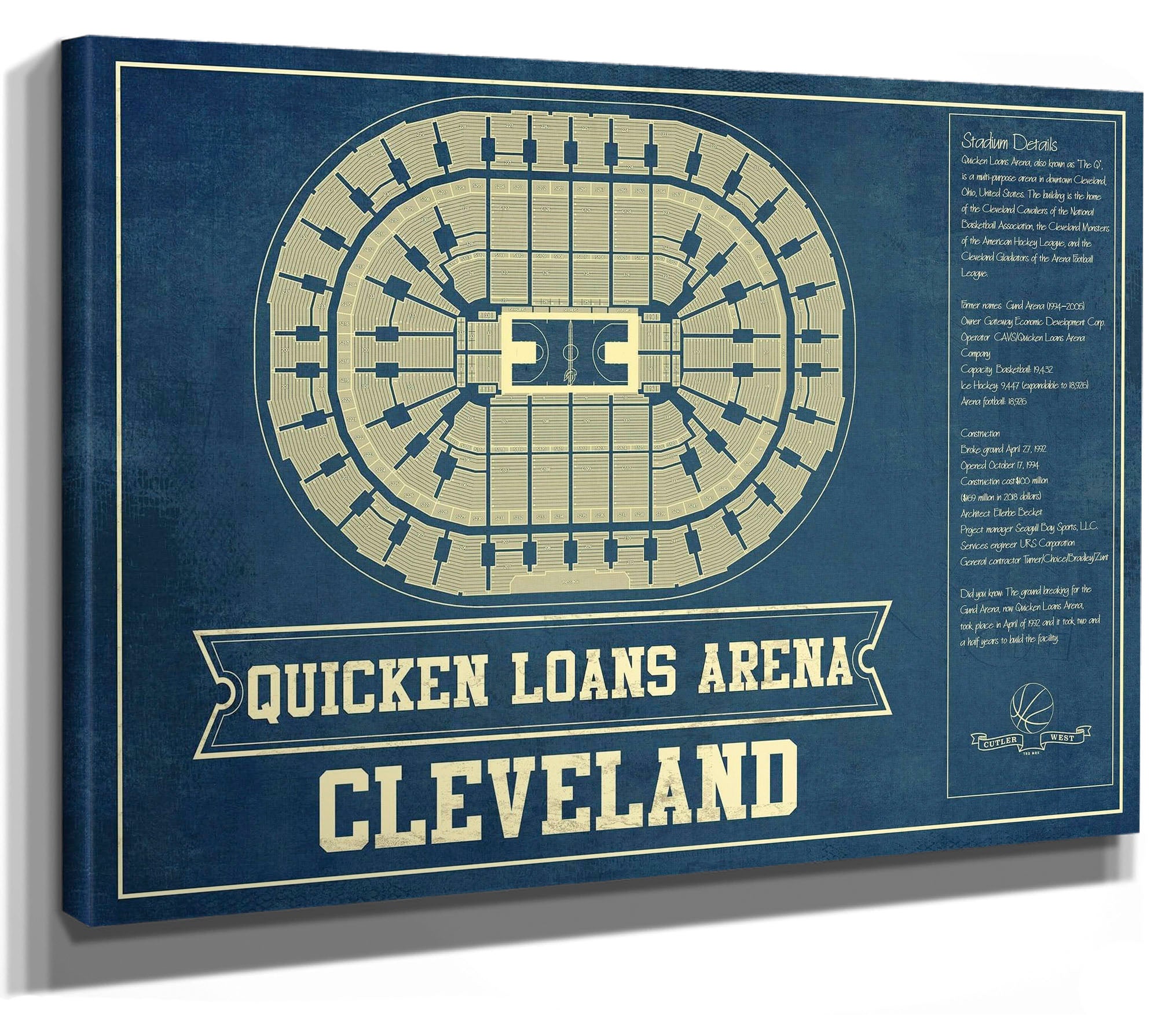 Cleveland Cavaliers Quicken Loans Arena Vintage Basketball Blueprint NBA Print