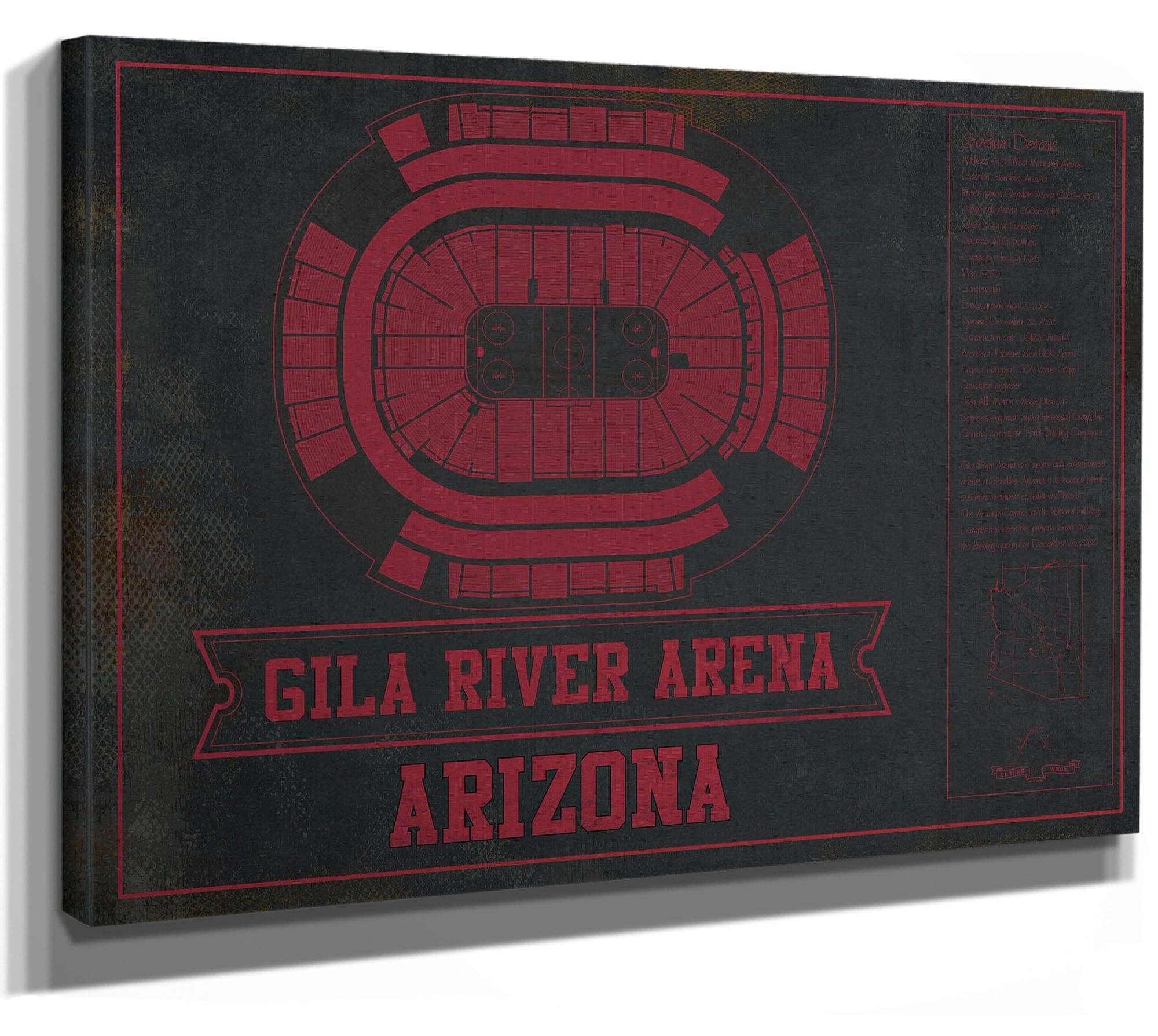 Arizona Coyotes Team Colors - Gila River Arena Vintage Hockey Blueprint NHL Print