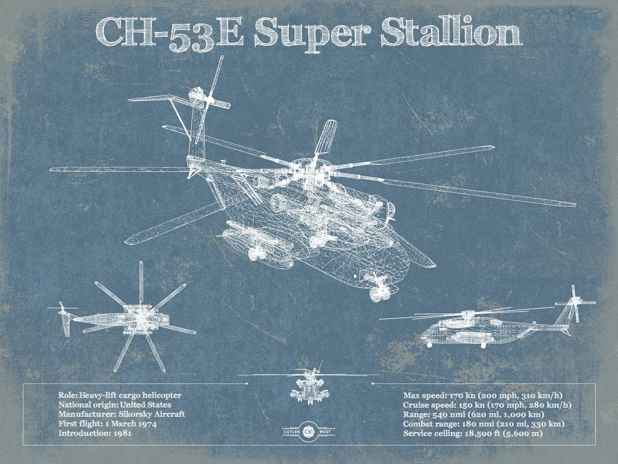Sikorsky CH-53E Super Stallion Vintage Aviation Blueprint Military Print
