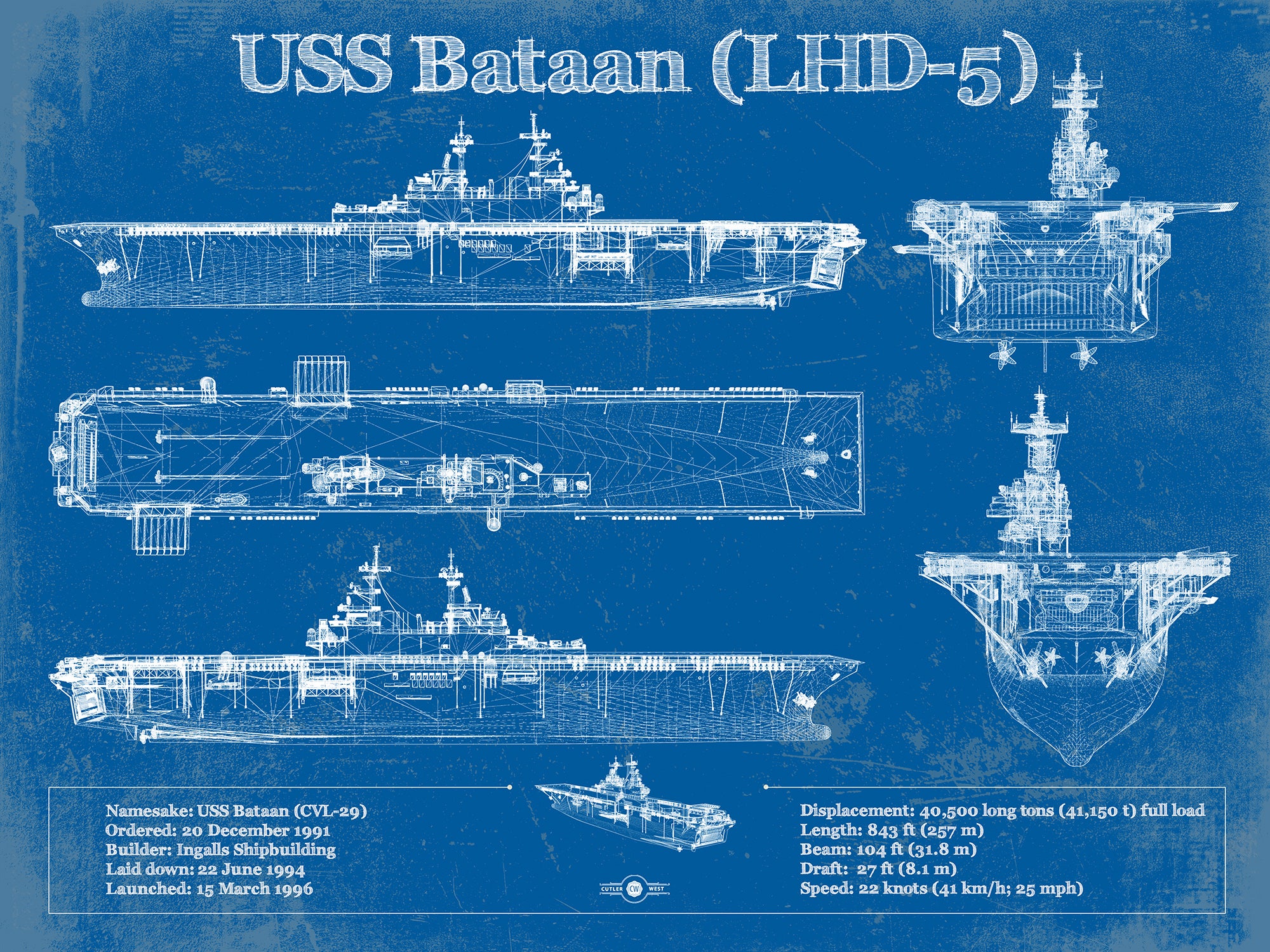 USS Bataan (LHD-5) Aircraft Carrier Blueprint Original Military Wall Art - Customizable