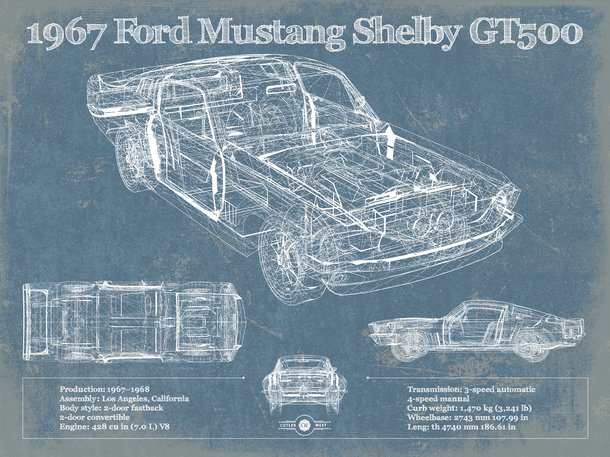 1967 Ford Mustang Shelby GT500 Vintage Blueprint Auto Print