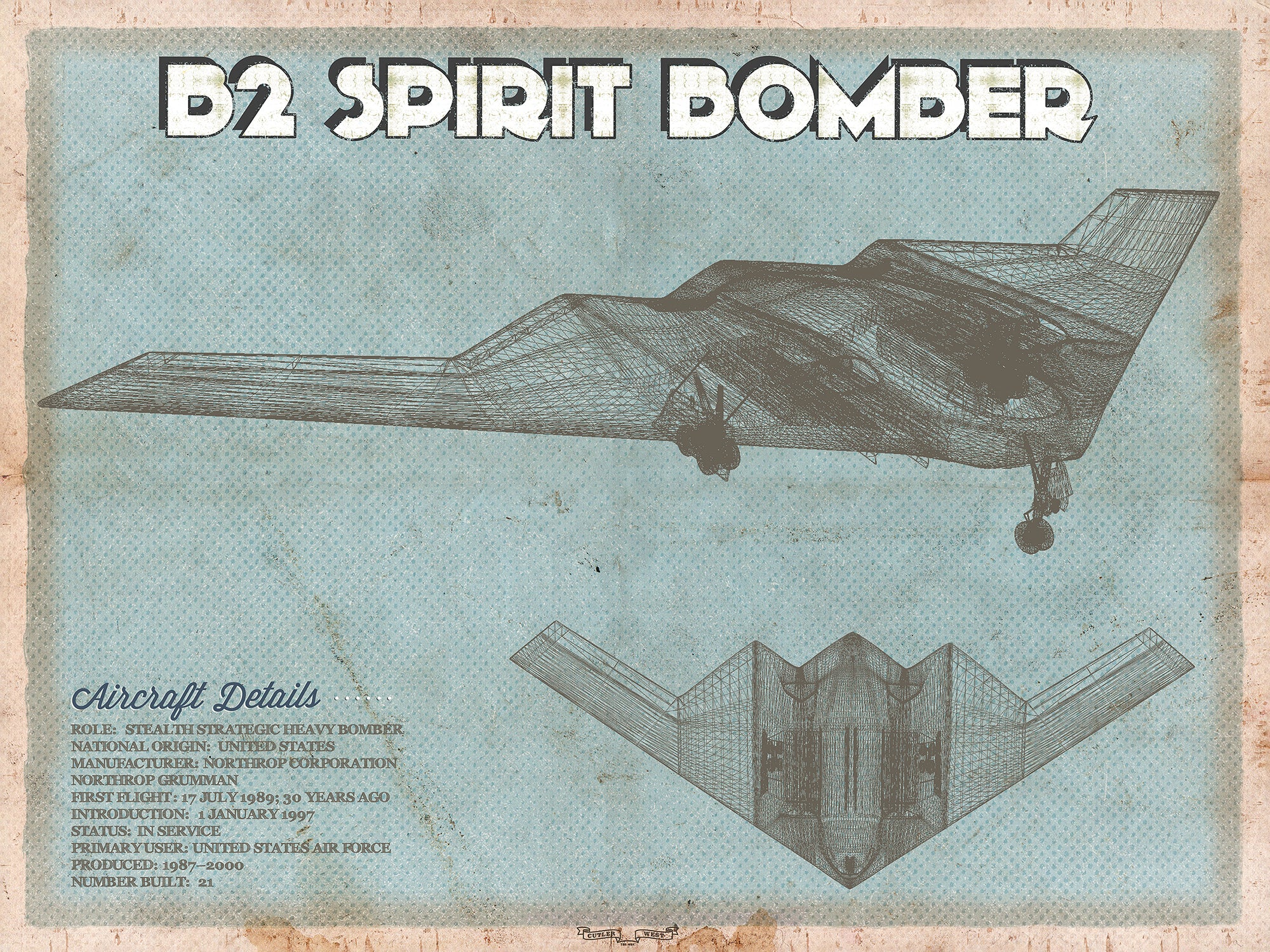 B2 Spirit Bomber Patent Blueprint Original Design Wall Art
