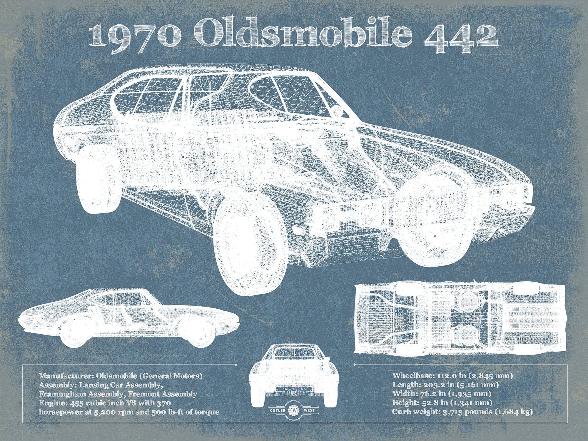 1970 Oldsmobile 442 Vintage Blueprint Auto Print