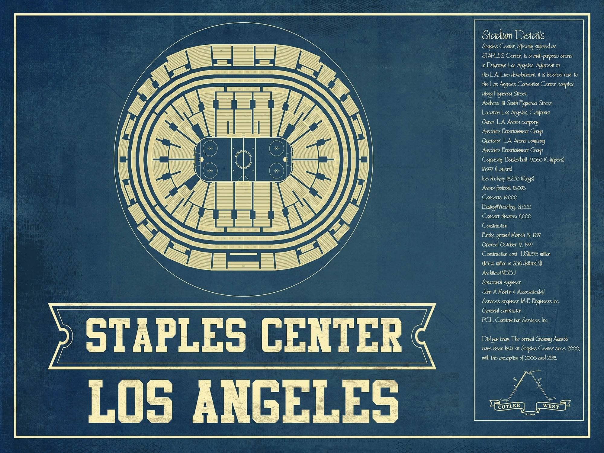 Los Angeles Clippers Staples Center Vintage Basketball Blueprint NBA Print