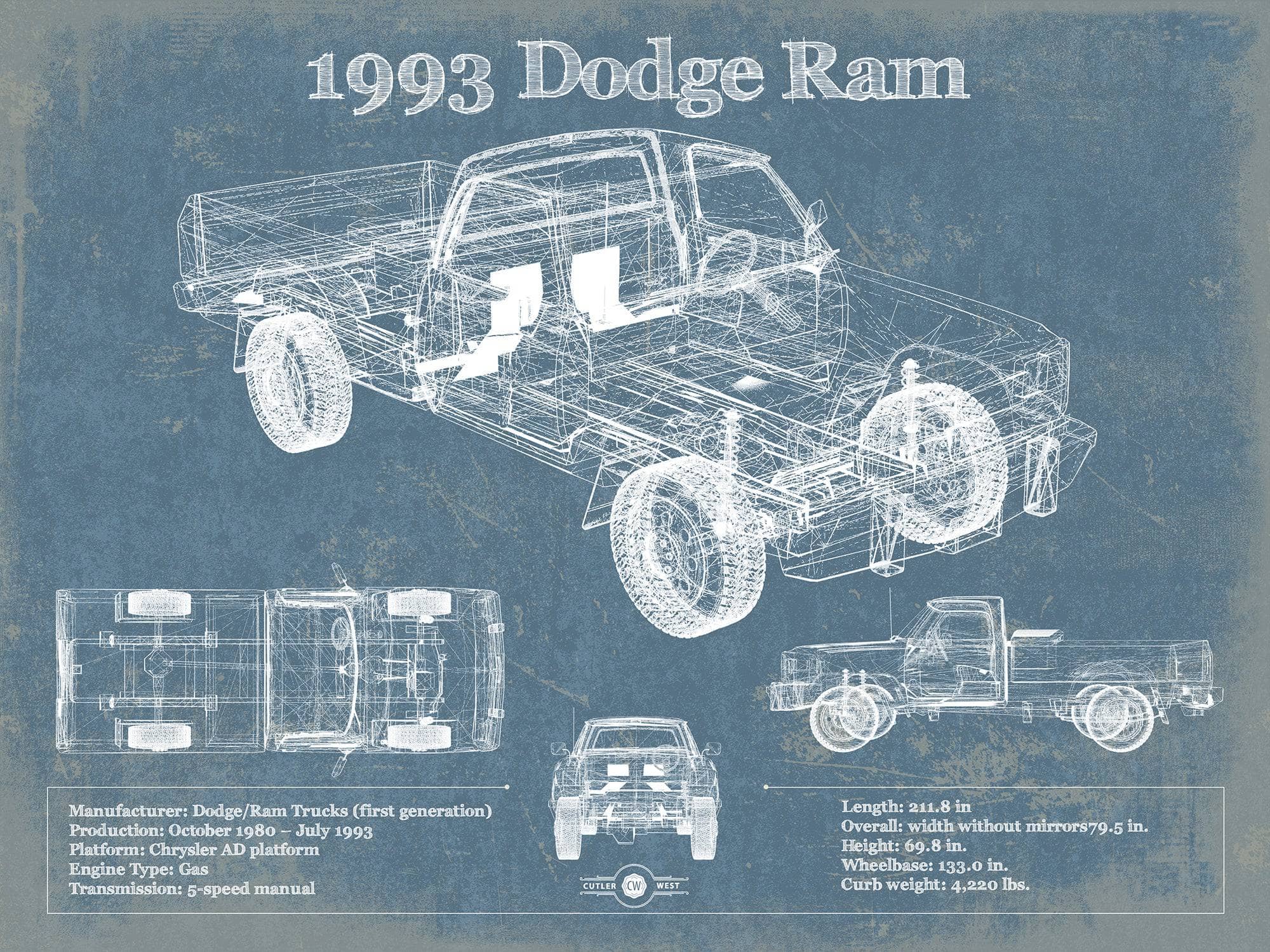 1993 Dodge RAM 150 Vintage Blueprint Auto Print