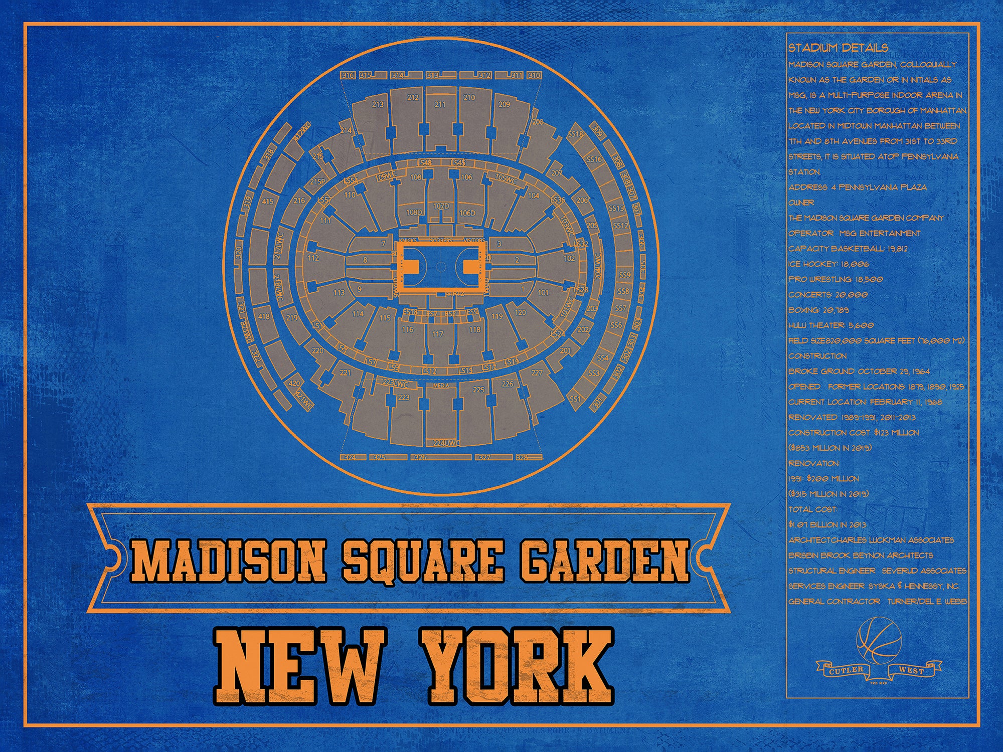 New York Knicks - Madison Square Garden Vintage Blueprint NBA Basketball NBA Team Color Print