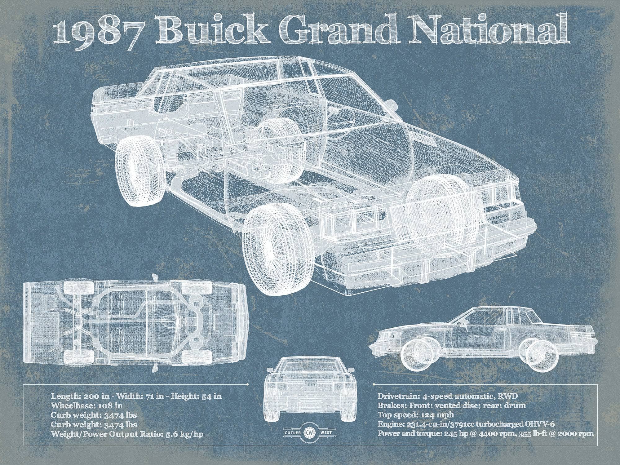 1987 Buick Regal Grand National GNX Vintage Blueprint Auto Print