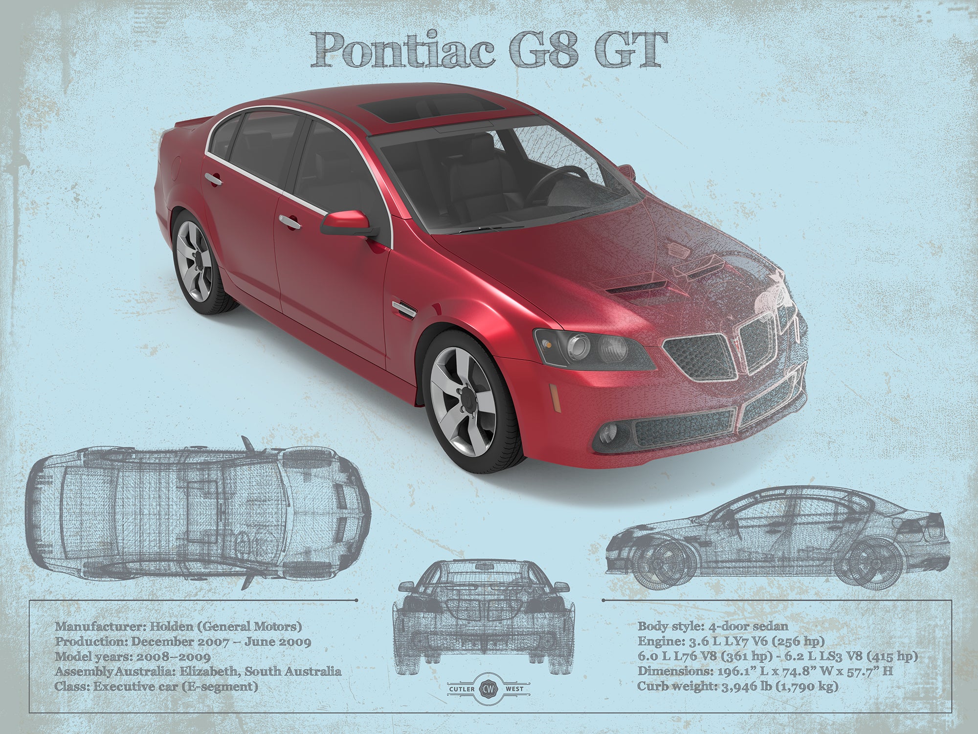 Pontiac G8 Gt Sport Red Metallic Blueprint Vintage Auto Print