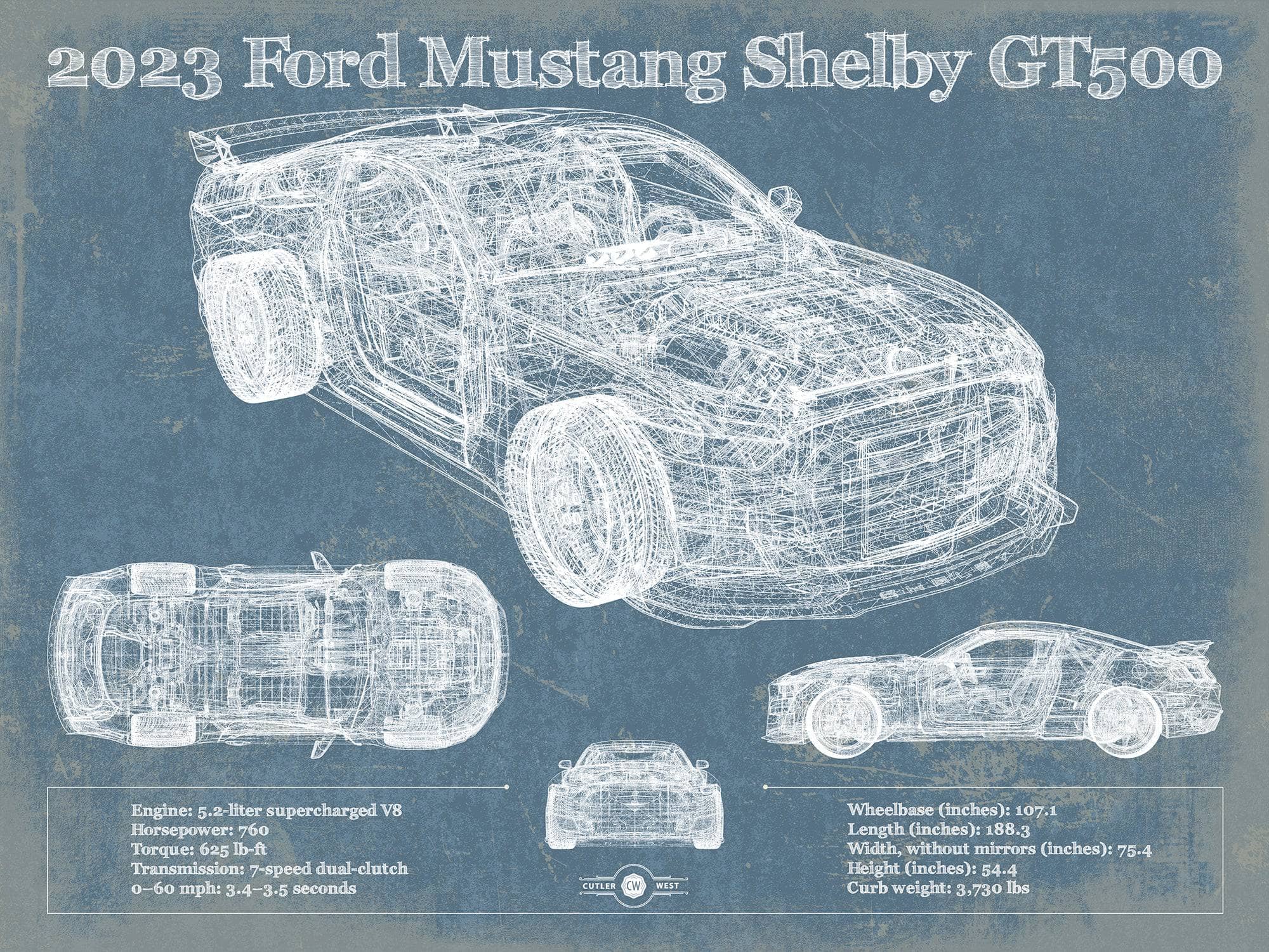 2023 Ford Mustang Shelby GT500 Blueprint Vintage Auto Print