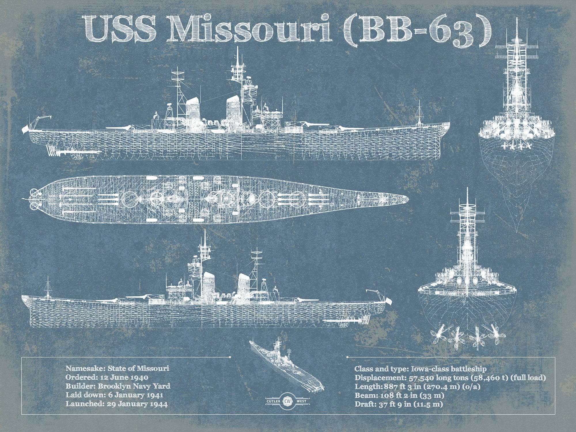 USS Missouri (BB-63) Blueprint Original Military Wall Art - Customizable