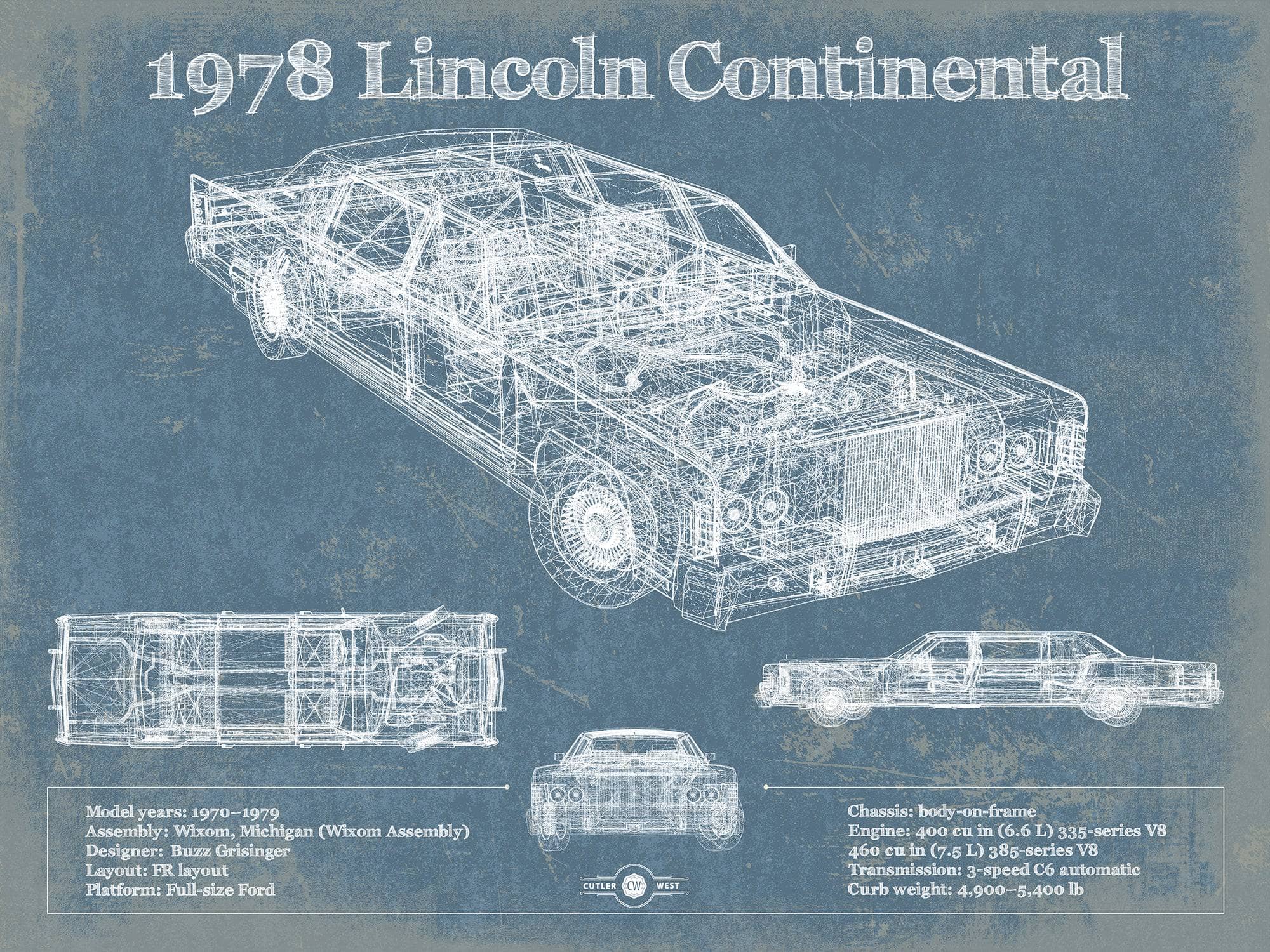 1978 Lincoln Continental Vintage Blueprint Auto Print
