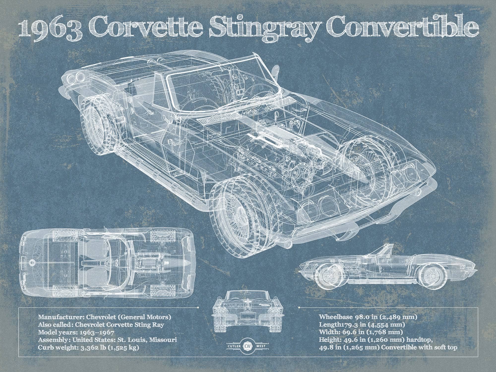 1963 Corvette Stingray Convertible Vintage Blueprint Auto Print