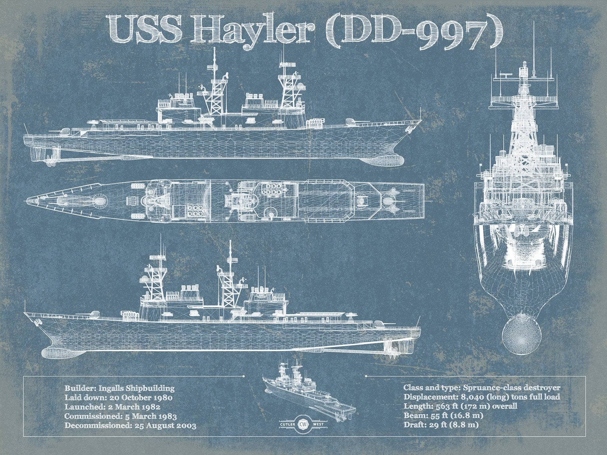 USS Hayler (DD-997) Blueprint Original Military Wall Art - Customizable