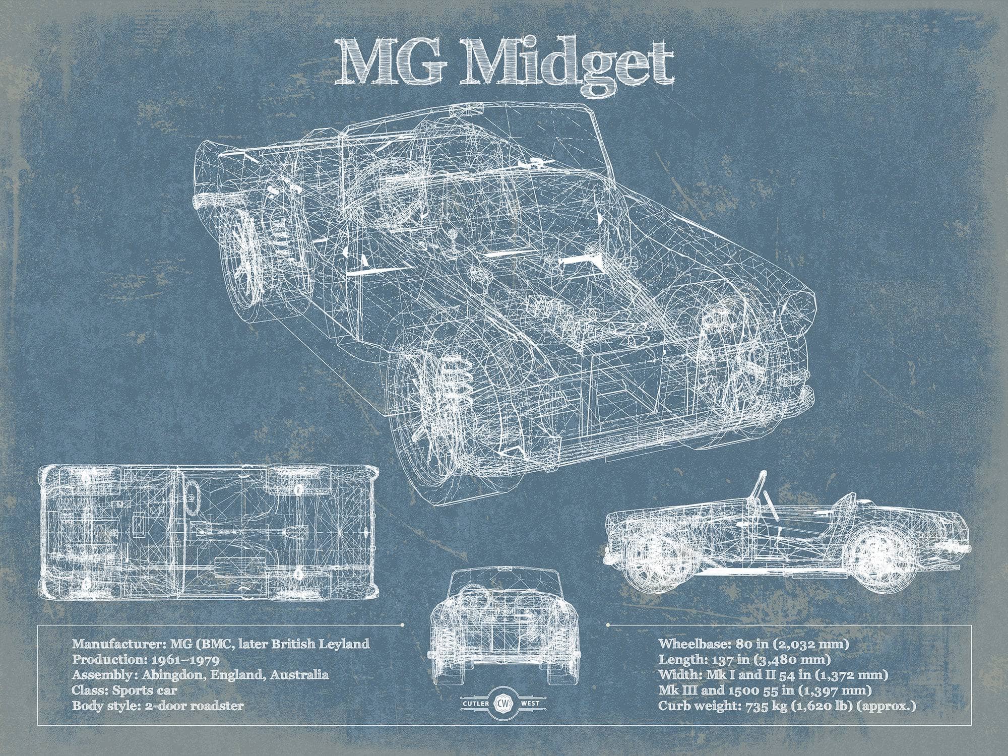 MG Midget Vintage Blueprint Auto Print