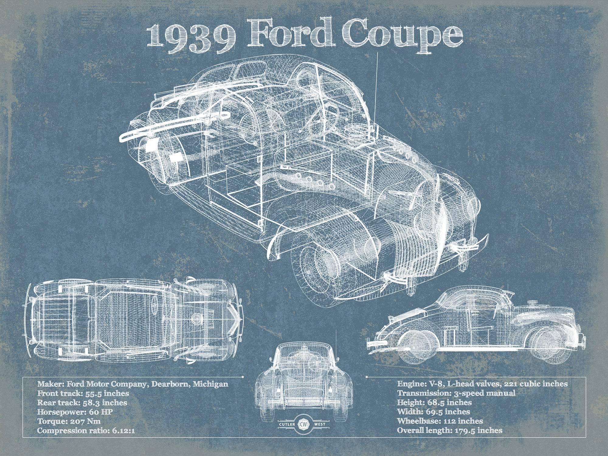 1939 Ford Coupe Vintage Blueprint Auto Print