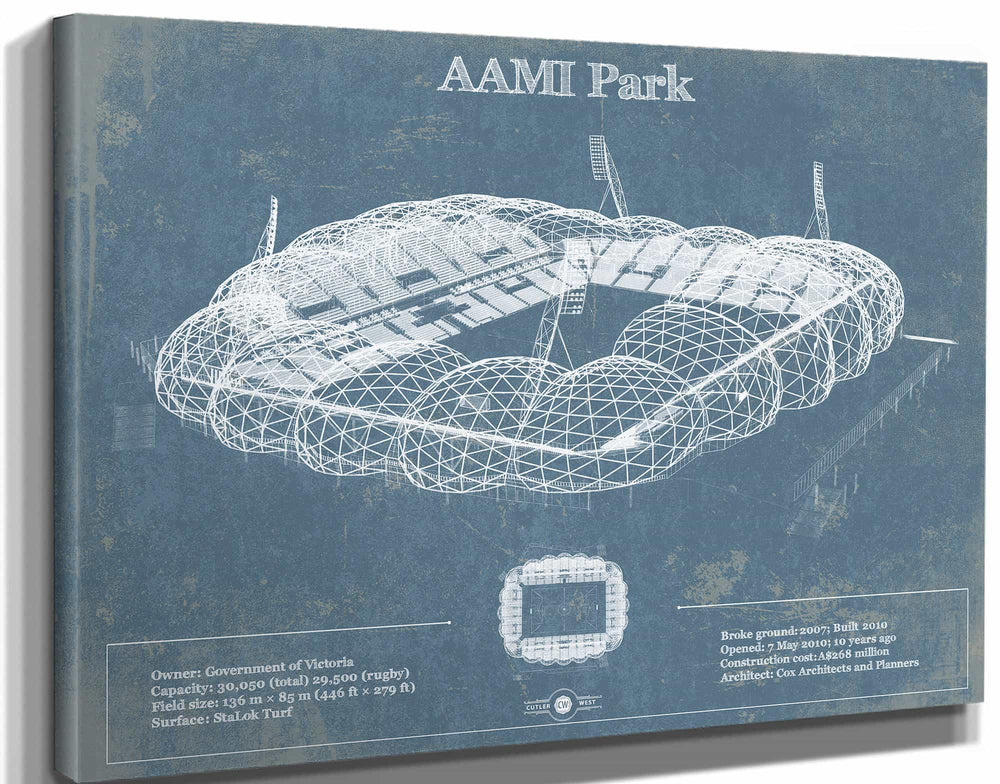 14" x 11" / Stretched Canvas Wrap Cutler West AAMI Park Vintage Australia Rugby and Soccer Stadium Print