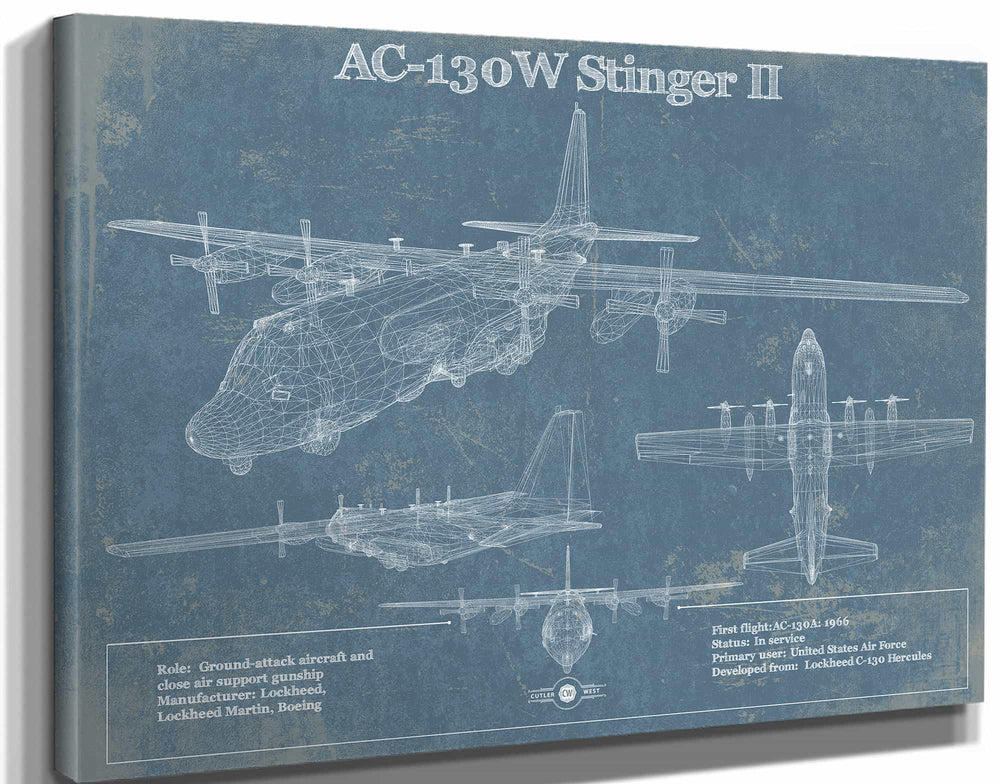 14" x 11" / Stretched Canvas Wrap Cutler West AC-130W Stinger II Vintage Aviation Blueprint Military Print