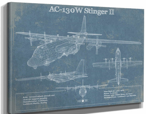 14" x 11" / Stretched Canvas Wrap Cutler West AC-130W Stinger II Vintage Aviation Blueprint Military Print