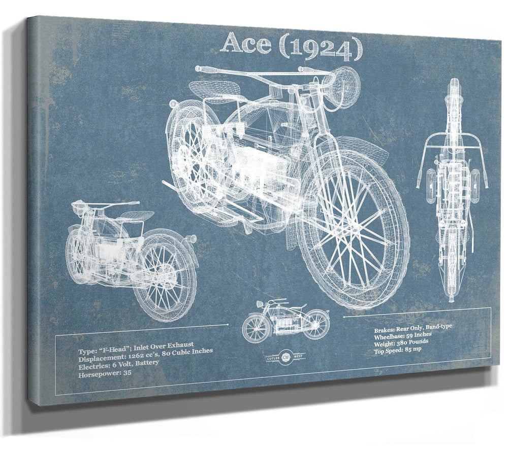 14" x 11" / Stretched Canvas Wrap Cutler West Ace (1924) Blueprint Motorcycle Patent Print
