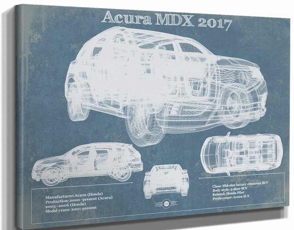 14" x 11" / Stretched Canvas Wrap Cutler West Acura MDX 2017 Vintage Blueprint Auto Print