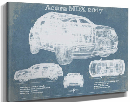14" x 11" / Stretched Canvas Wrap Cutler West Acura MDX 2017 Vintage Blueprint Auto Print