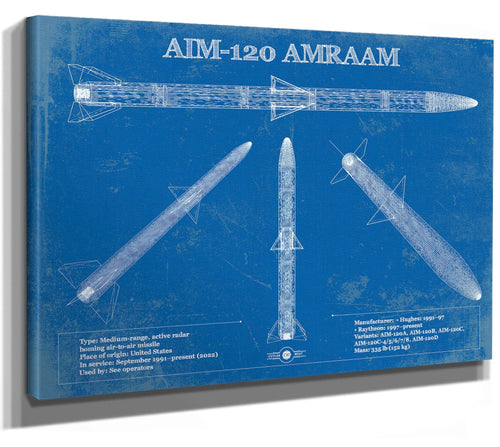 14" x 11" / Stretched Canvas Wrap Cutler West AIM-120 AMRAAM Blueprint Vintage Missile Print
