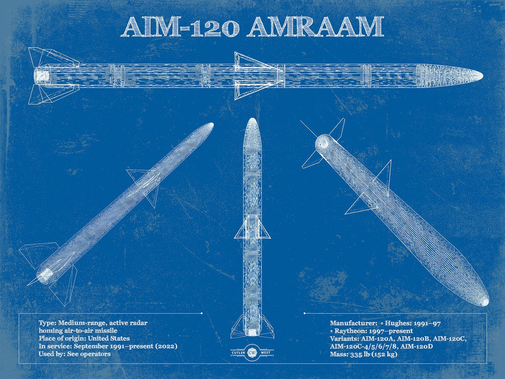 14" x 11" / Stretched Canvas Wrap Cutler West AIM-120 AMRAAM Blueprint Vintage Missile Print