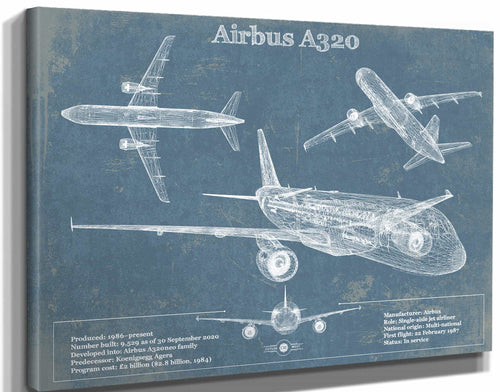 14" x 11" / Stretched Canvas Wrap Cutler West Airbus A320 Vintage Aviation Blueprint Print