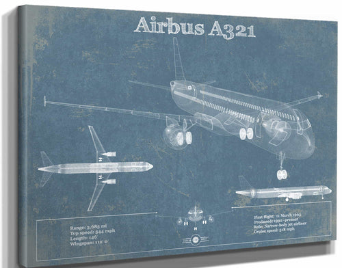 14" x 11" / Stretched Canvas Wrap Cutler West Airbus A321 Vintage Aviation Blueprint Print