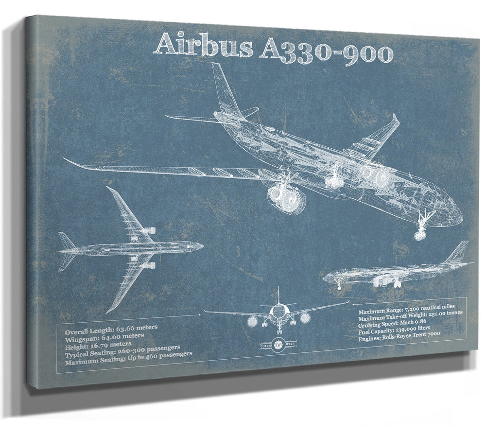 14" x 11" / Stretched Canvas Wrap Cutler West Airbus A330-900 Vintage Aviation Blueprint Print - Custom Pilot Name Can Be Added