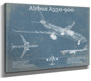 14" x 11" / Stretched Canvas Wrap Cutler West Airbus A330-900 Vintage Aviation Blueprint Print - Custom Pilot Name Can Be Added