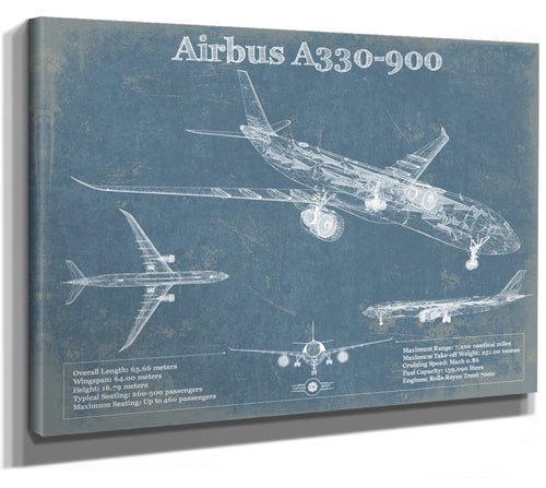 14" x 11" / Stretched Canvas Wrap Cutler West Airbus A330-900 Vintage Aviation Blueprint Print - Custom Pilot Name Can Be Added