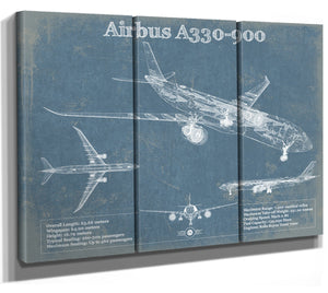36" x 24" / 3 Panel Canvas Wrap Cutler West Airbus A330-900 Vintage Aviation Blueprint Print - Custom Pilot Name Can Be Added