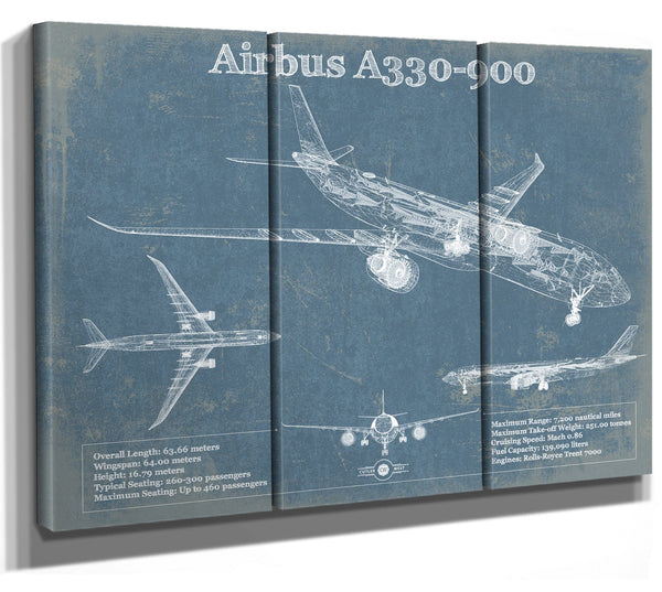36" x 24" / 3 Panel Canvas Wrap Cutler West Airbus A330-900 Vintage Aviation Blueprint Print - Custom Pilot Name Can Be Added