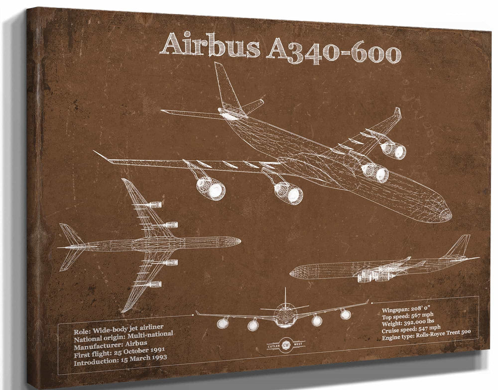 14" x 11" / Stretched Canvas Wrap Cutler West Airbus A340-600 Vintage Aviation Blueprint Print - Custom Pilot Name Can Be Added