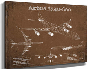 14" x 11" / Stretched Canvas Wrap Cutler West Airbus A340-600 Vintage Aviation Blueprint Print - Custom Pilot Name Can Be Added
