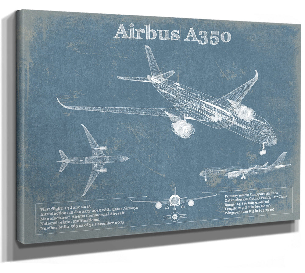 14" x 11" / Stretched Canvas Wrap Cutler West Airbus A350 Vintage Aviation Blueprint Print