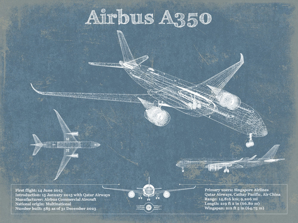 14" x 11" / Stretched Canvas Wrap Cutler West Airbus A350 Vintage Aviation Blueprint Print