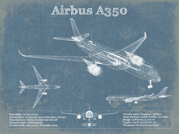 14" x 11" / Unframed Cutler West Airbus A350 Vintage Aviation Blueprint Print