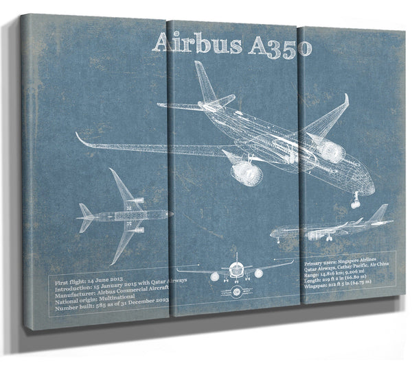 36" x 24" / 3 Panel Canvas Wrap Cutler West Airbus A350 Vintage Aviation Blueprint Print