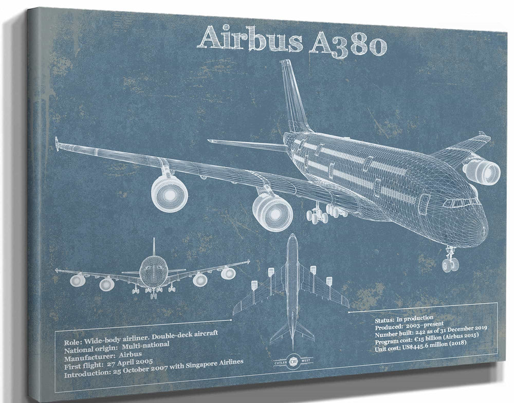 14" x 11" / Stretched Canvas Wrap Cutler West Airbus A380 Vintage Aviation Blueprint Print - Custom Pilot Name can be Added
