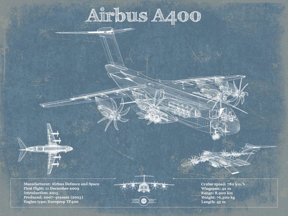 14" x 11" / Stretched Canvas Wrap Cutler West Airbus A400 Vintage Aviation Blueprint Print
