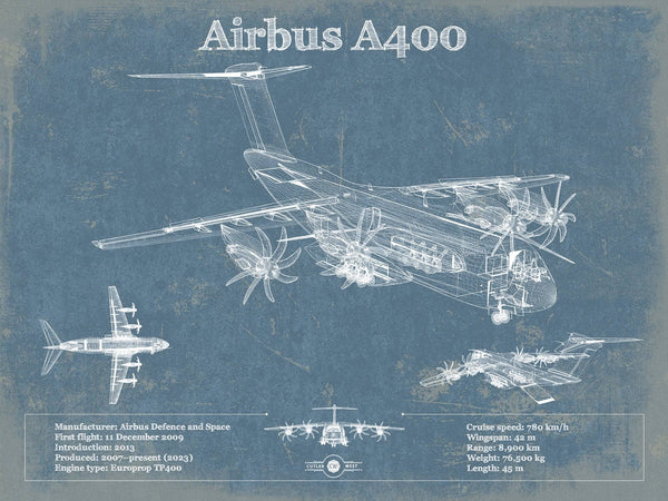 14" x 11" / Unframed Cutler West Airbus A400 Vintage Aviation Blueprint Print