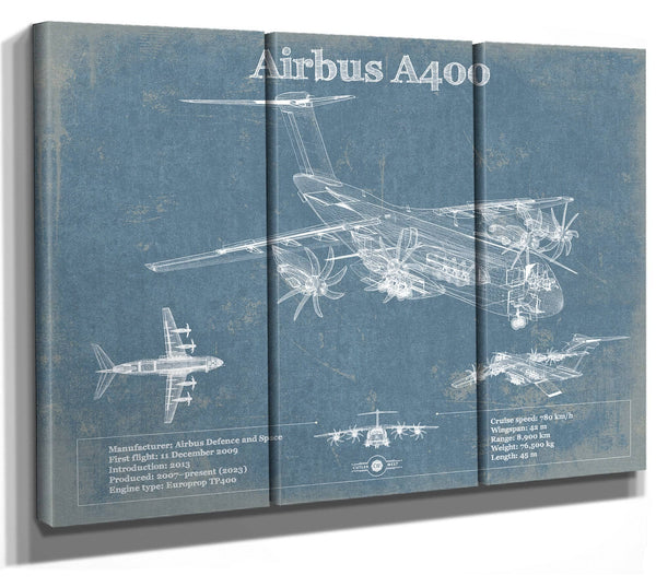 36" x 24" / 3 Panel Canvas Wrap Cutler West Airbus A400 Vintage Aviation Blueprint Print