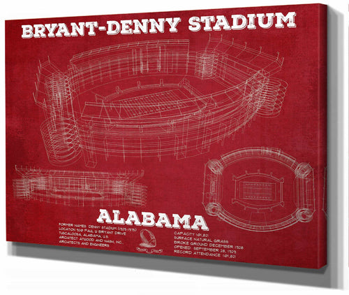 14" x 11" / Stretched Canvas Wrap Cutler West Alabama Crimson Tide Stadium Art - Bryant-Denny Stadium Vintage Seating Chart