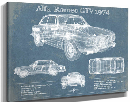 14" x 11" / Stretched Canvas Wrap Cutler West Alfa Romeo GTV 1974 Bel Air Sport Coupé Blueprint Vintage Auto Print